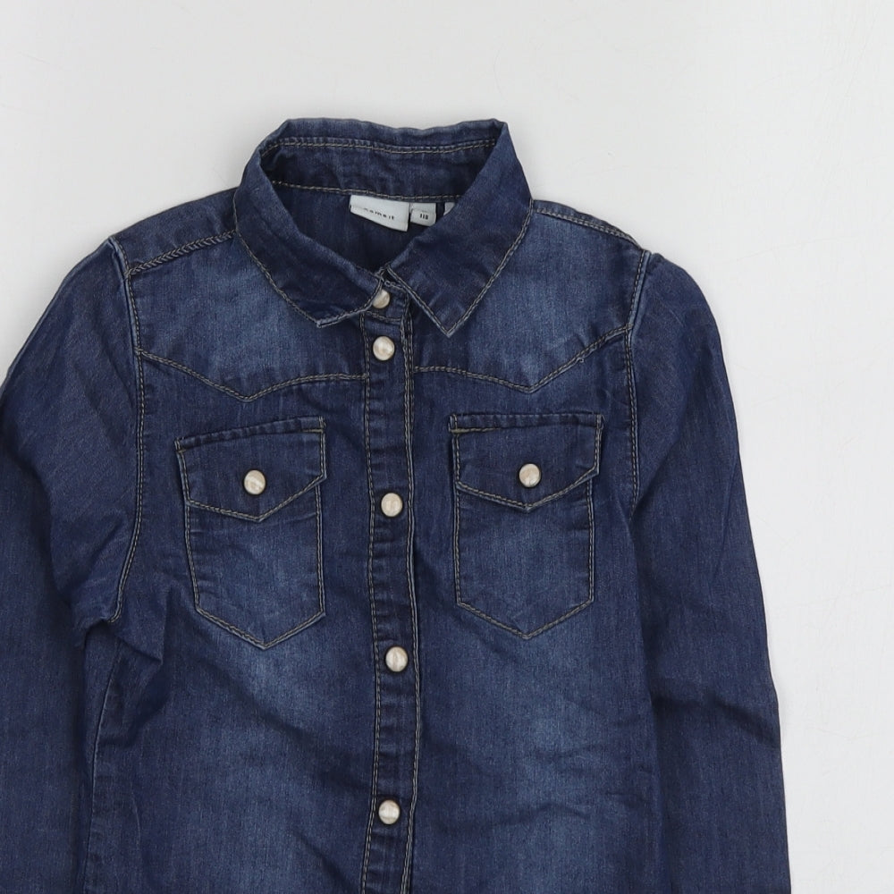name it Girls Blue  Cotton Basic Button-Up Size 5 Years Collared
