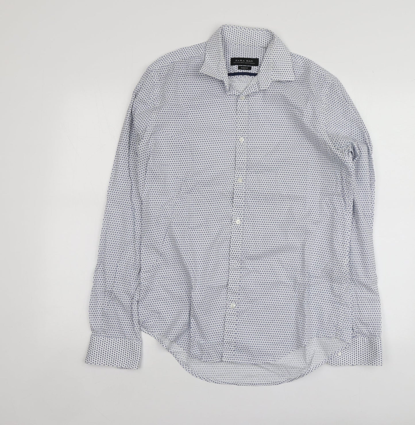 Zara Mens Blue Geometric Cotton  Button-Up Size M Collared