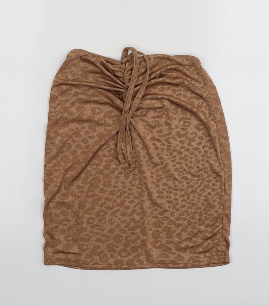 Boohoo Womens Beige Animal Print Polyester Basic T-Shirt Size 8 Off the Shoulder