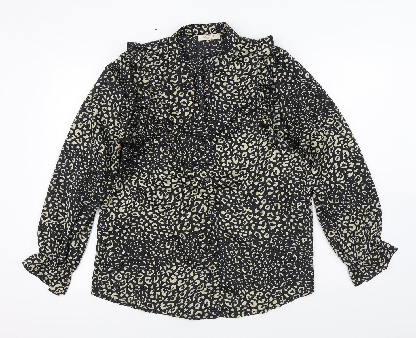 V.Code Womens Black Animal Print Polyester Basic Blouse Size L V-Neck
