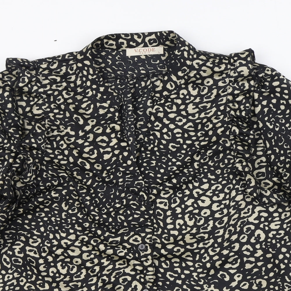 V.Code Womens Black Animal Print Polyester Basic Blouse Size L V-Neck