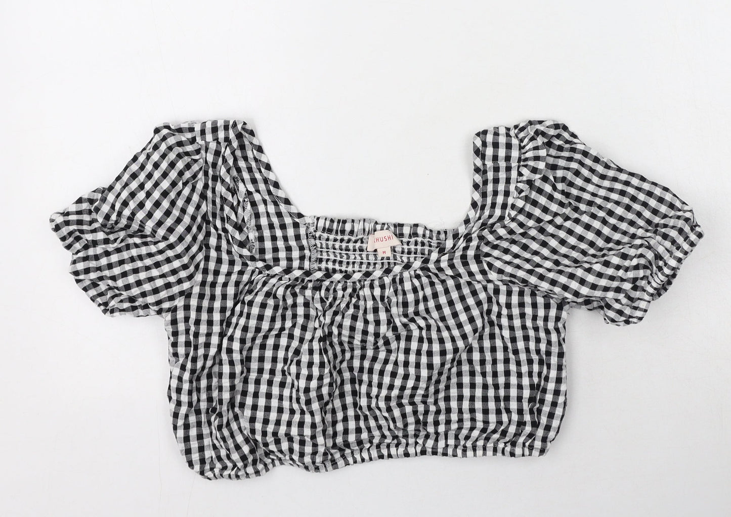 khushi Womens Black Check Cotton Cropped T-Shirt Size M Off the Shoulder