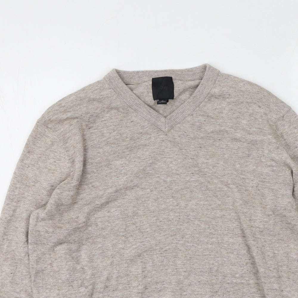 H&M Mens Beige V-Neck  Cotton Pullover Jumper Size M