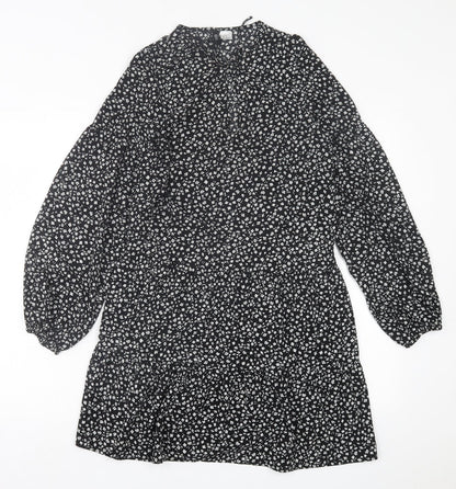 H&M Womens Black Floral Polyester A-Line  Size XS  Crew Neck Tie