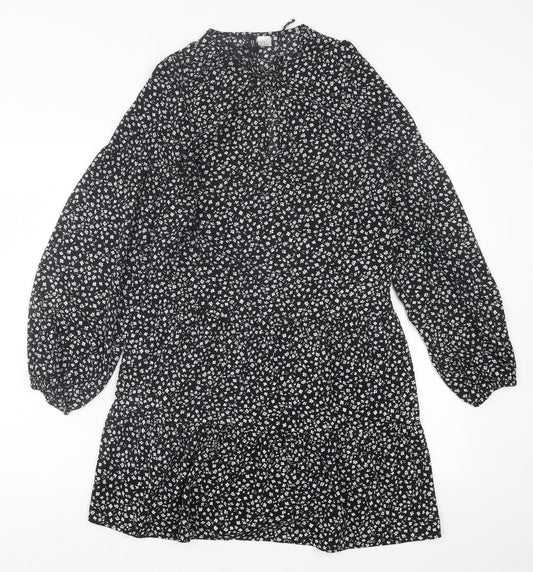 H&M Womens Black Floral Polyester A-Line  Size XS  Crew Neck Tie