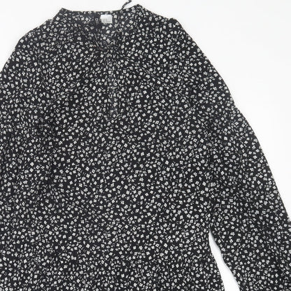 H&M Womens Black Floral Polyester A-Line  Size XS  Crew Neck Tie