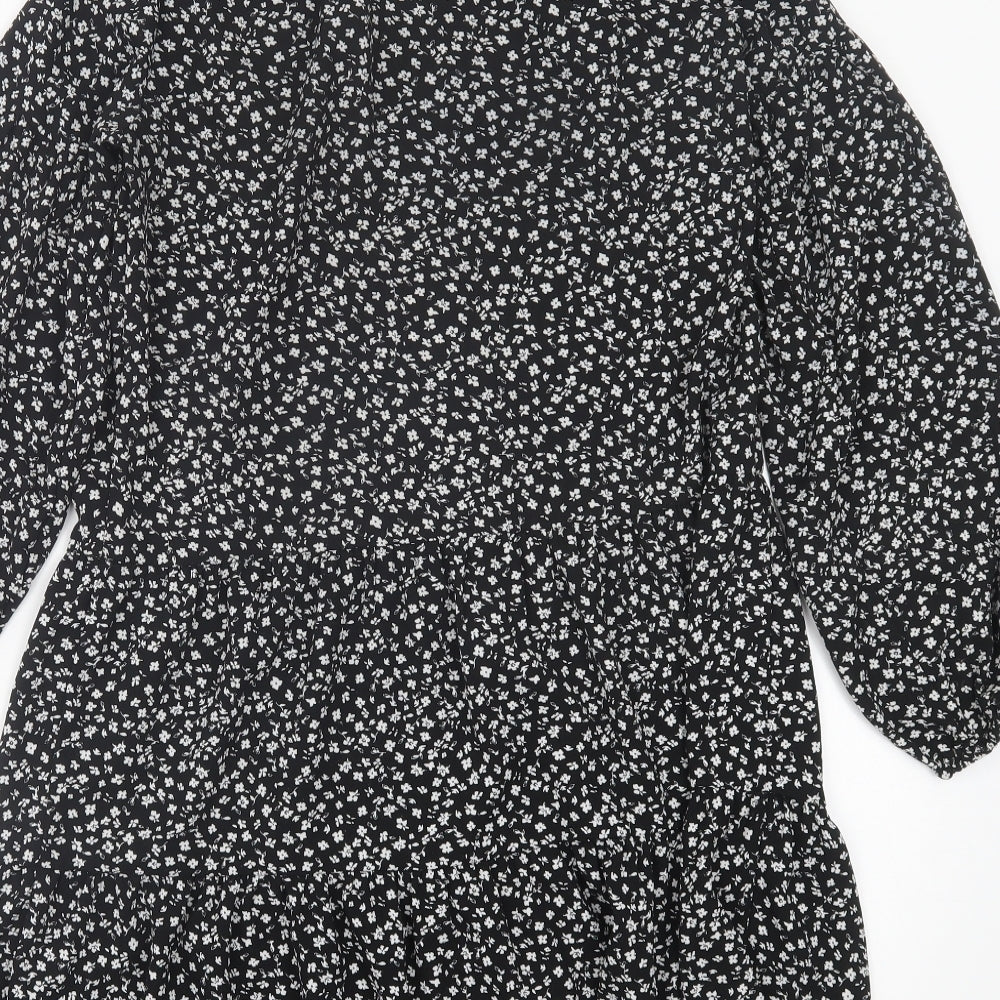H&M Womens Black Floral Polyester A-Line  Size XS  Crew Neck Tie
