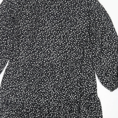 H&M Womens Black Floral Polyester A-Line  Size XS  Crew Neck Tie