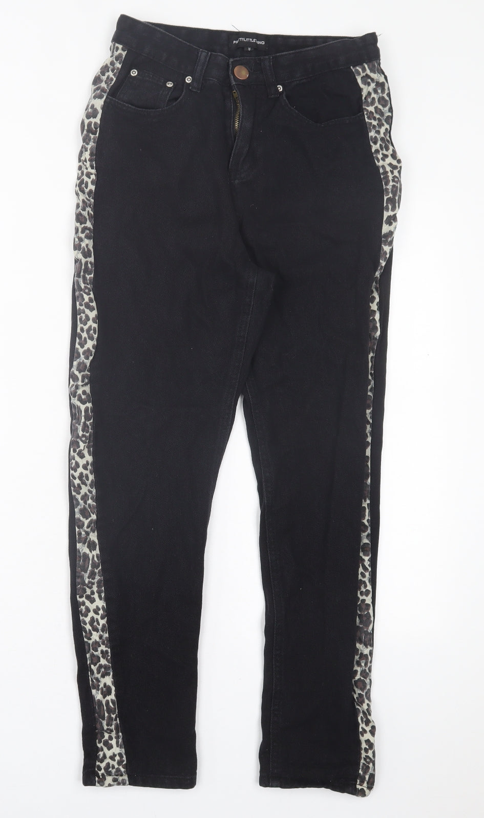 PRETTYLITTLETHING Womens Black Animal Print Cotton Straight Jeans Size 8 L27 in Regular Button