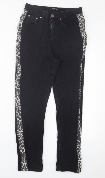 PRETTYLITTLETHING Womens Black Animal Print Cotton Straight Jeans Size 8 L27 in Regular Button