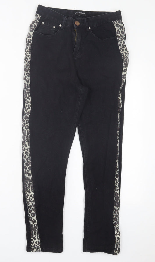 PRETTYLITTLETHING Womens Black Animal Print Cotton Straight Jeans Size 8 L27 in Regular Button