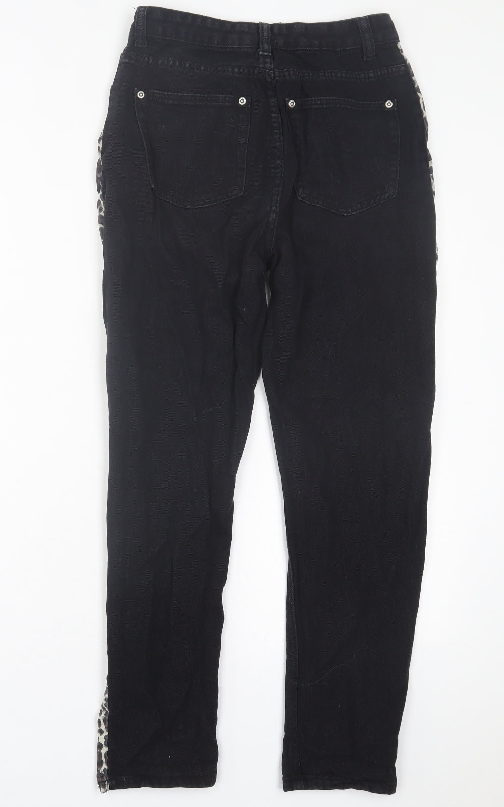 PRETTYLITTLETHING Womens Black Animal Print Cotton Straight Jeans Size 8 L27 in Regular Button