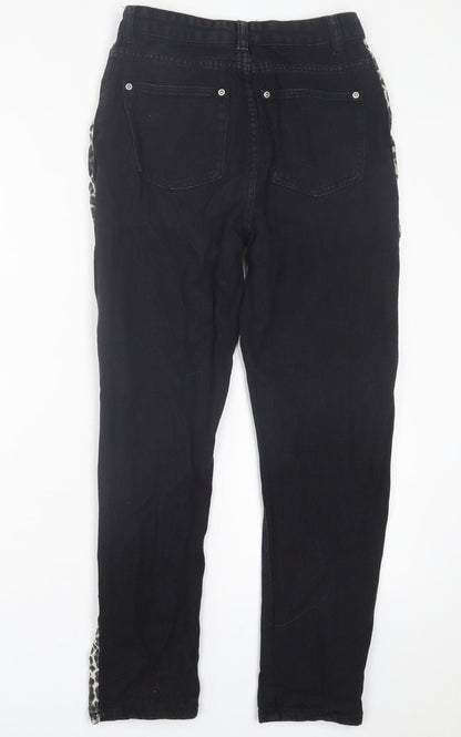 PRETTYLITTLETHING Womens Black Animal Print Cotton Straight Jeans Size 8 L27 in Regular Button