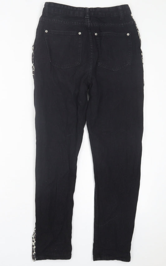 PRETTYLITTLETHING Womens Black Animal Print Cotton Straight Jeans Size 8 L27 in Regular Button
