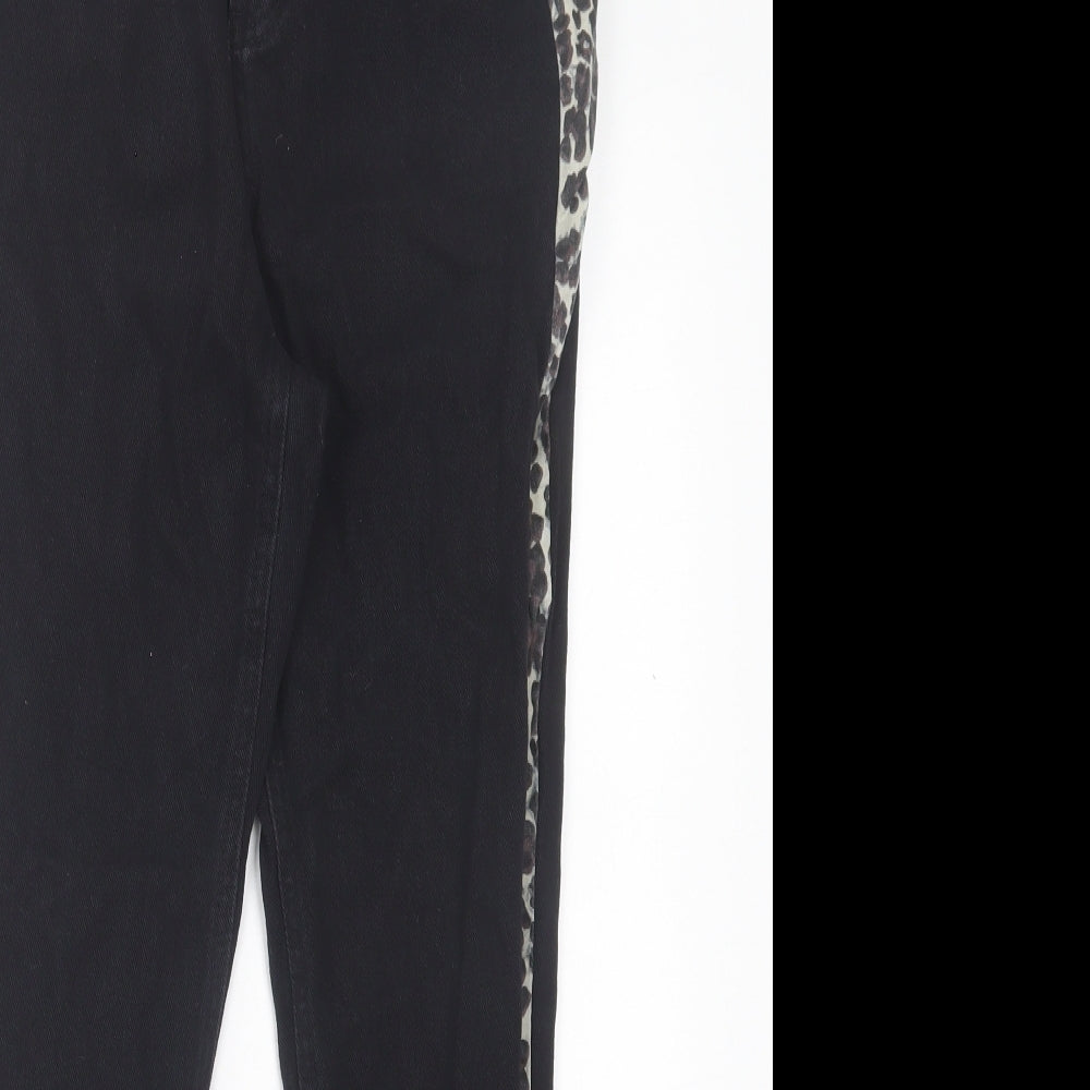 PRETTYLITTLETHING Womens Black Animal Print Cotton Straight Jeans Size 8 L27 in Regular Button