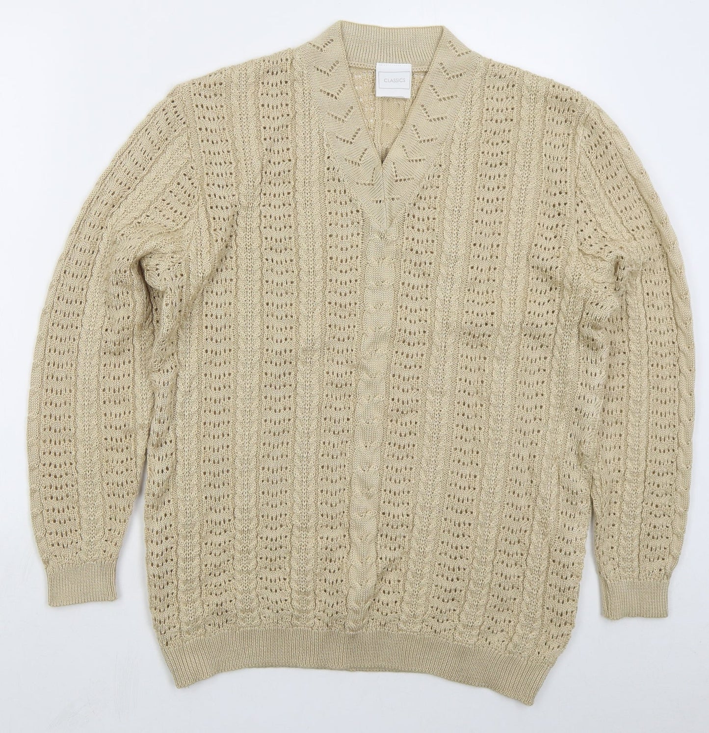 Classics Womens Beige V-Neck  Acrylic Pullover Jumper Size 12