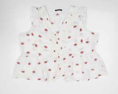 Dunnes Womens Ivory Floral 100% Cotton Jersey Button-Up Size 2XL V-Neck