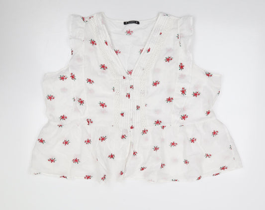 Dunnes Womens Ivory Floral 100% Cotton Jersey Button-Up Size 2XL V-Neck