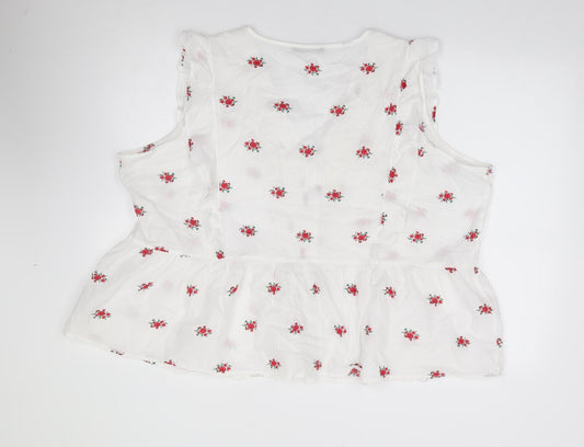 Dunnes Womens Ivory Floral 100% Cotton Jersey Button-Up Size 2XL V-Neck