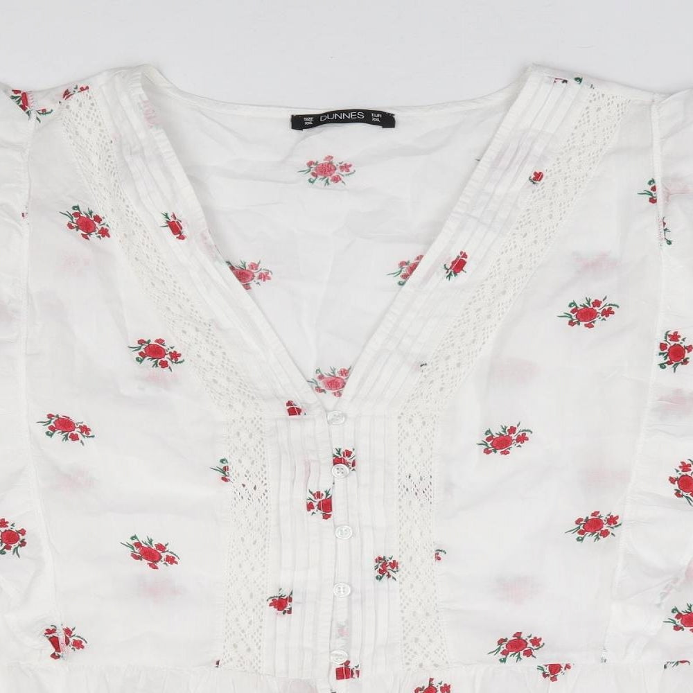 Dunnes Womens Ivory Floral 100% Cotton Jersey Button-Up Size 2XL V-Neck