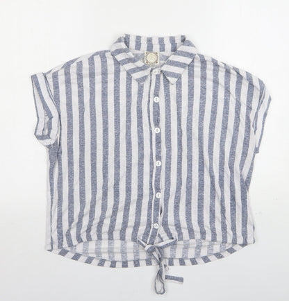 Tru Self Womens Grey Striped Polyester Basic Button-Up Size L Collared