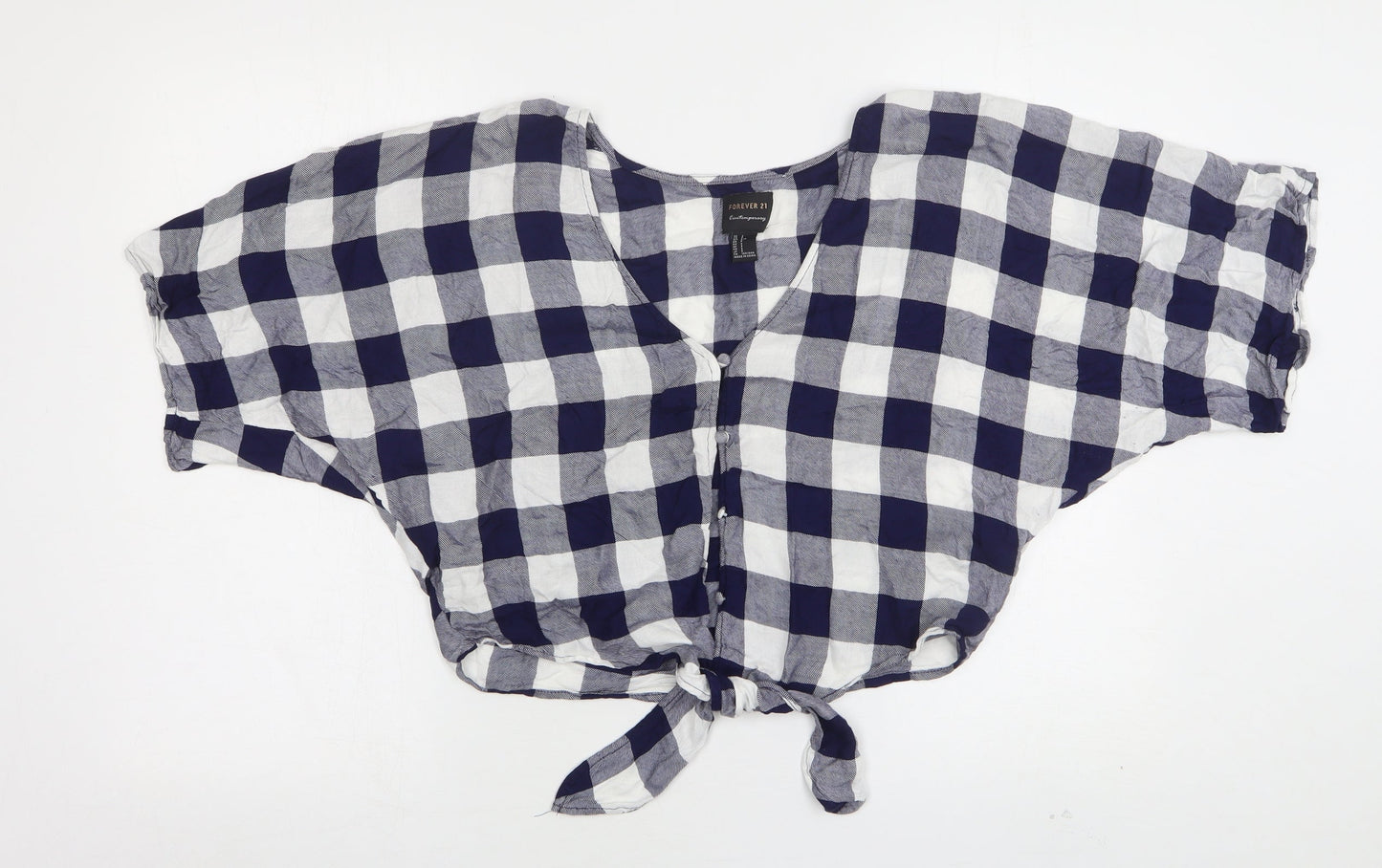 FOREVER 21 Womens Blue Check Cotton Cropped Button-Up Size S V-Neck