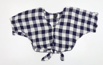 FOREVER 21 Womens Blue Check Cotton Cropped Button-Up Size S V-Neck