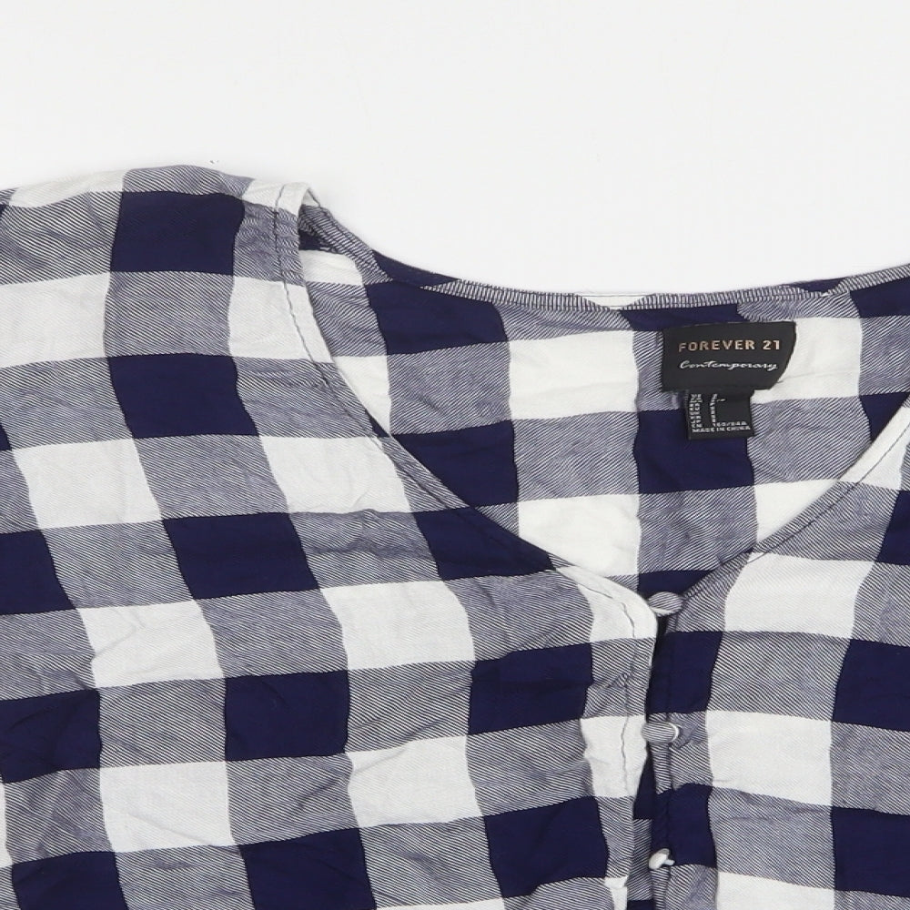 FOREVER 21 Womens Blue Check Cotton Cropped Button-Up Size S V-Neck