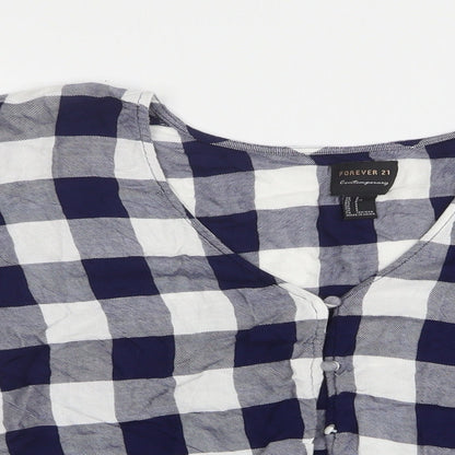 FOREVER 21 Womens Blue Check Cotton Cropped Button-Up Size S V-Neck