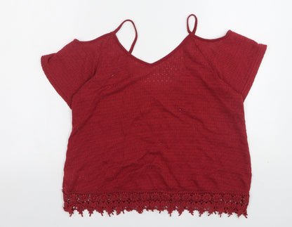 Streetwear Womens Red  Polyester Basic Tank Size M V-Neck