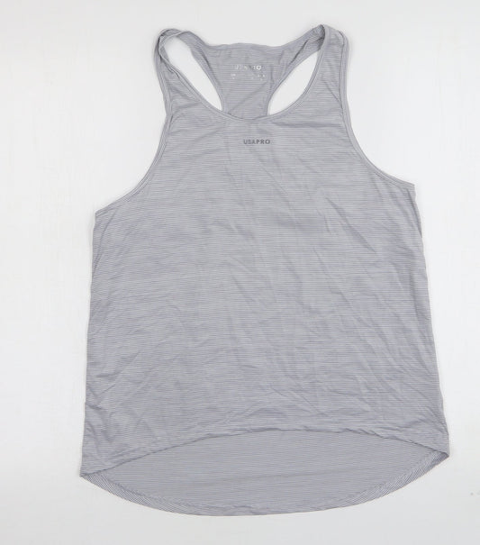 USA Pro Womens Grey Striped Polyester Basic Tank Size 8 Round Neck