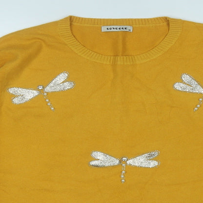sovogue Womens Yellow Round Neck  Acrylic Pullover Jumper Size M   - Butterflies