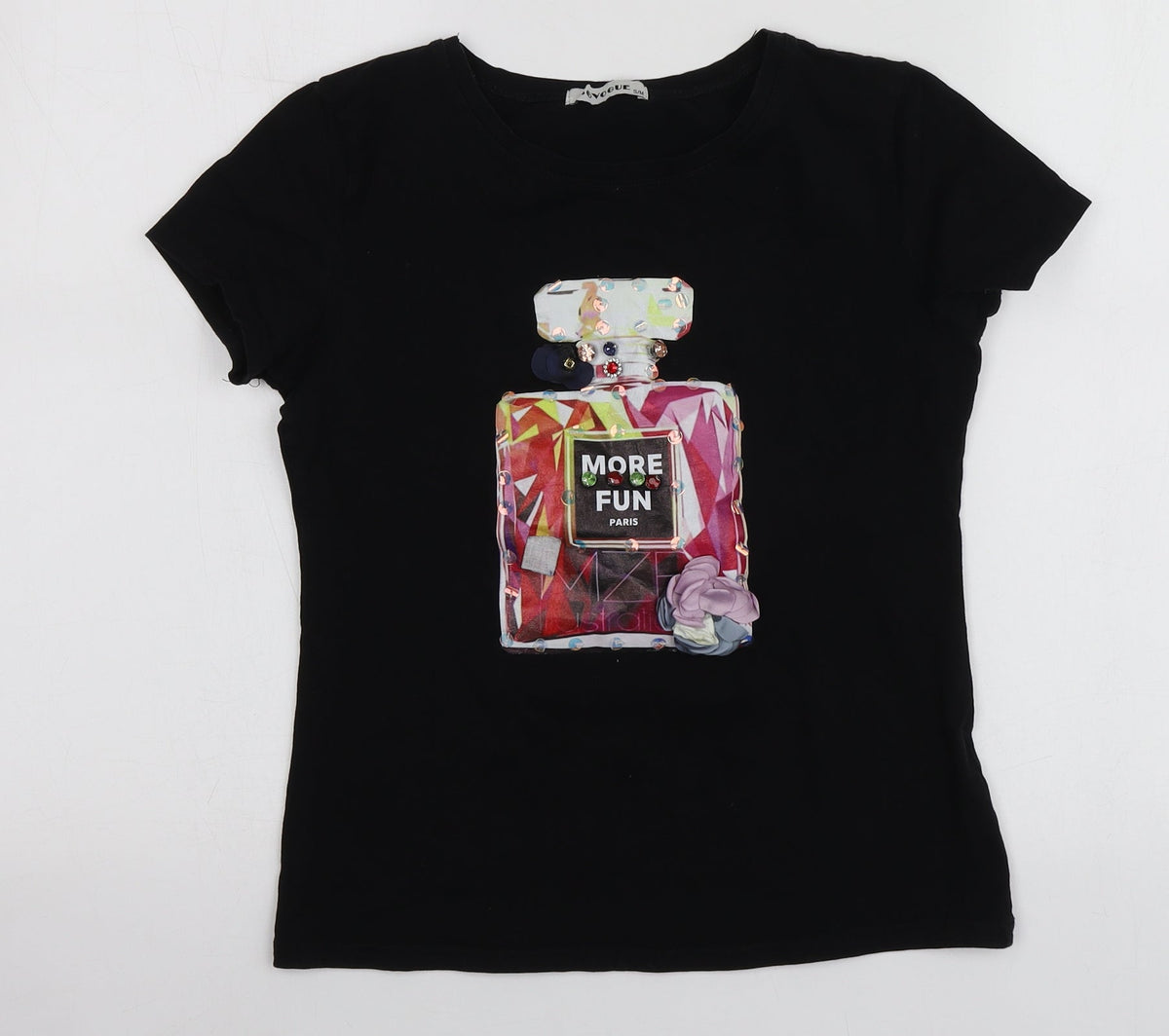 Sovogue Womens Black Geometric Cotton Basic T-Shirt Size S Round Neck