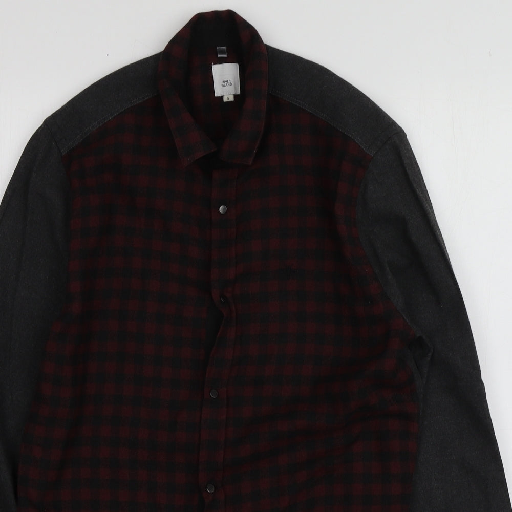 River Island Mens Grey Check Polyester  Button-Up Size S Collared