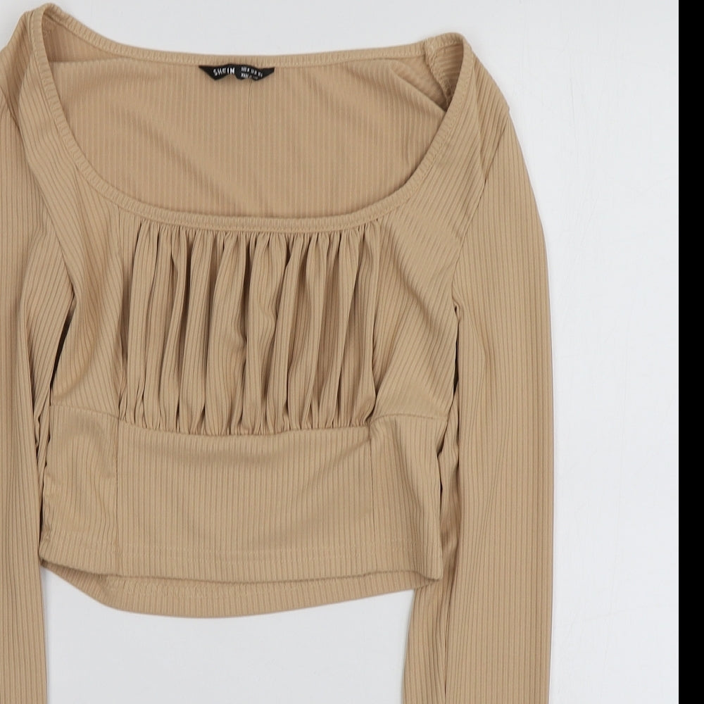 SheIn Womens Beige  Polyester Basic T-Shirt Size M Round Neck