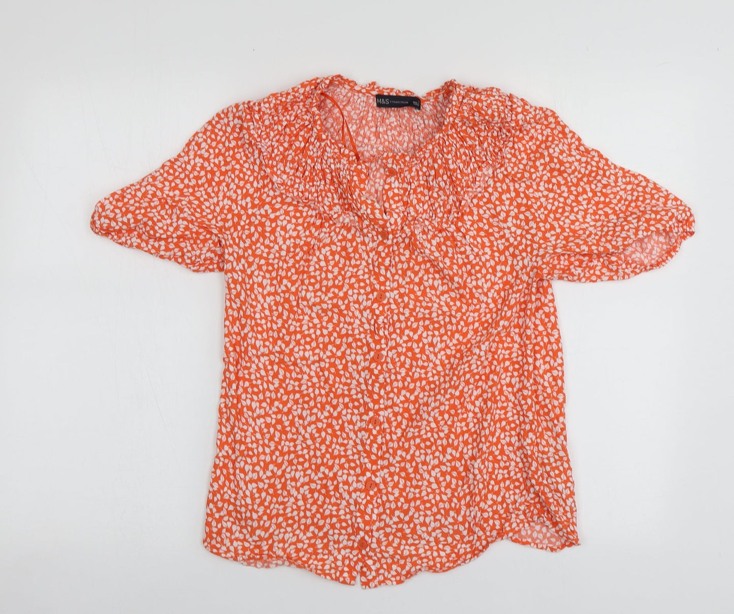 M&S Womens Orange Geometric Viscose Basic Button-Up Size 6 Round Neck