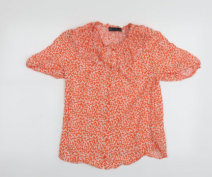 M&S Womens Orange Geometric Viscose Basic Button-Up Size 6 Round Neck