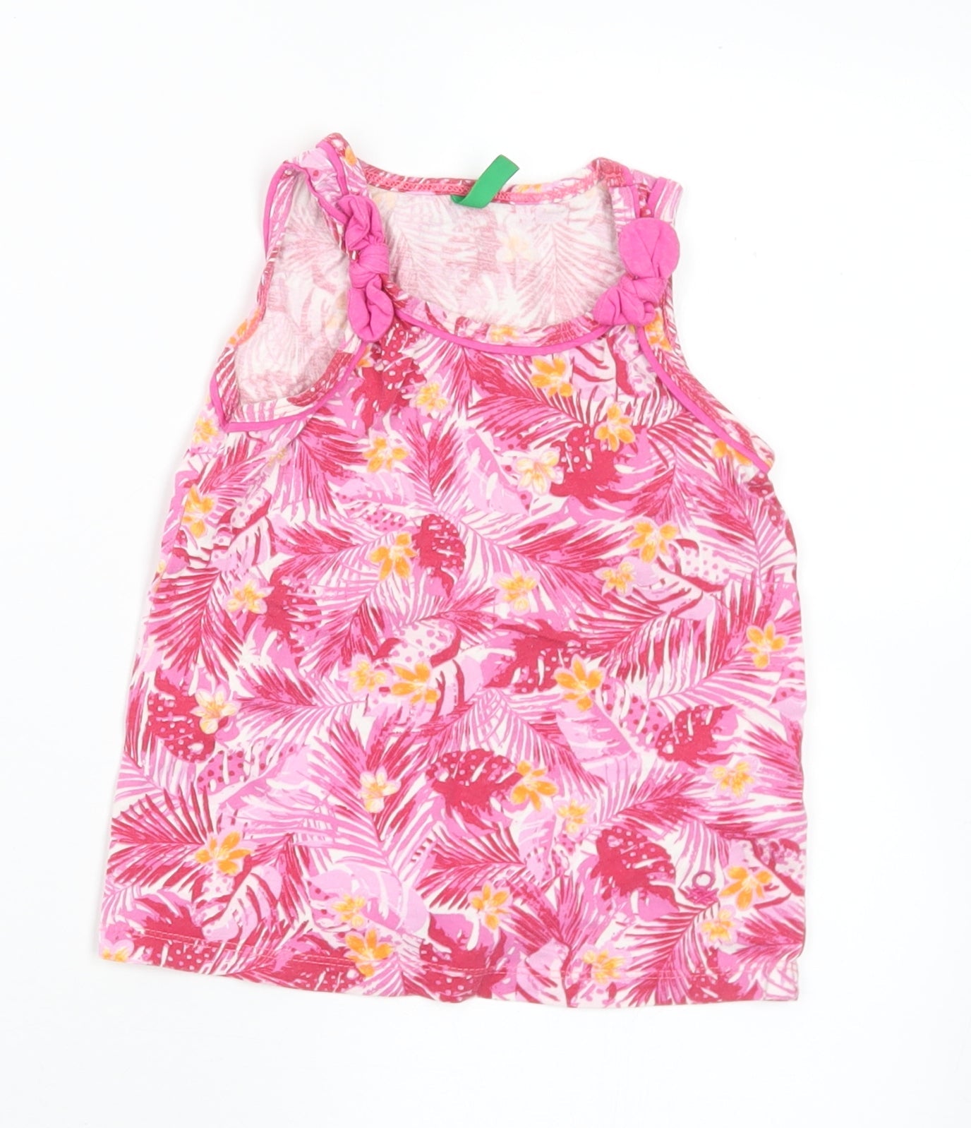 United Colors of Benetton Girls Pink Floral Cotton Basic Tank Size 2 Years Round Neck