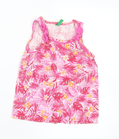 United Colors of Benetton Girls Pink Floral Cotton Basic Tank Size 2 Years Round Neck