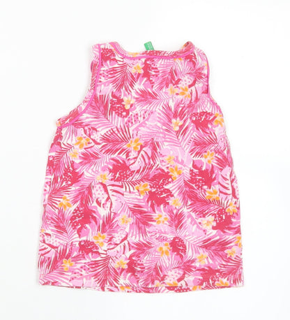 United Colors of Benetton Girls Pink Floral Cotton Basic Tank Size 2 Years Round Neck