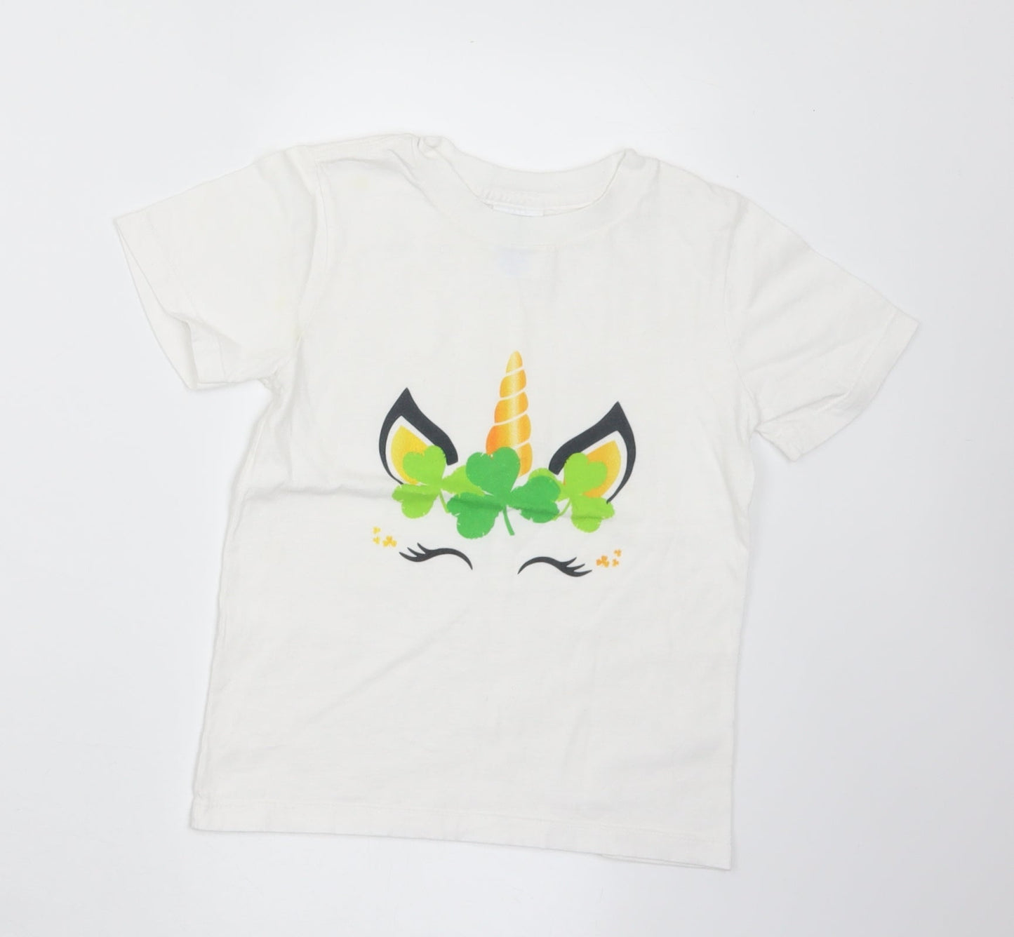 Port & Company Girls White  Cotton Basic T-Shirt Size 4 Years Crew Neck  - Unicorn