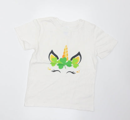 Port & Company Girls White  Cotton Basic T-Shirt Size 4 Years Crew Neck  - Unicorn