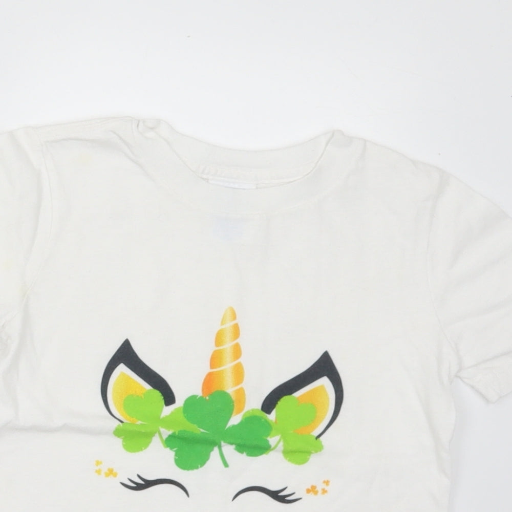 Port & Company Girls White  Cotton Basic T-Shirt Size 4 Years Crew Neck  - Unicorn