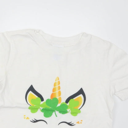Port & Company Girls White  Cotton Basic T-Shirt Size 4 Years Crew Neck  - Unicorn