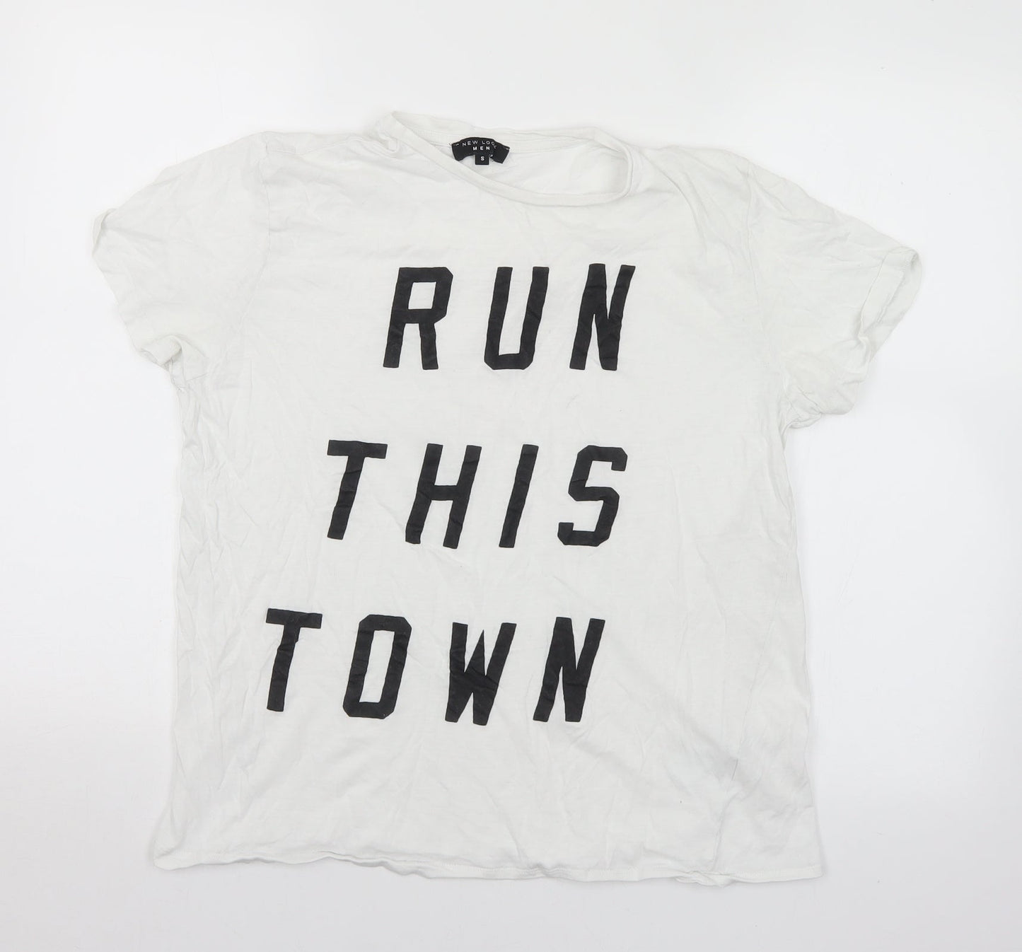 New Look Mens White  Cotton  T-Shirt Size S Round Neck  - Run This Town