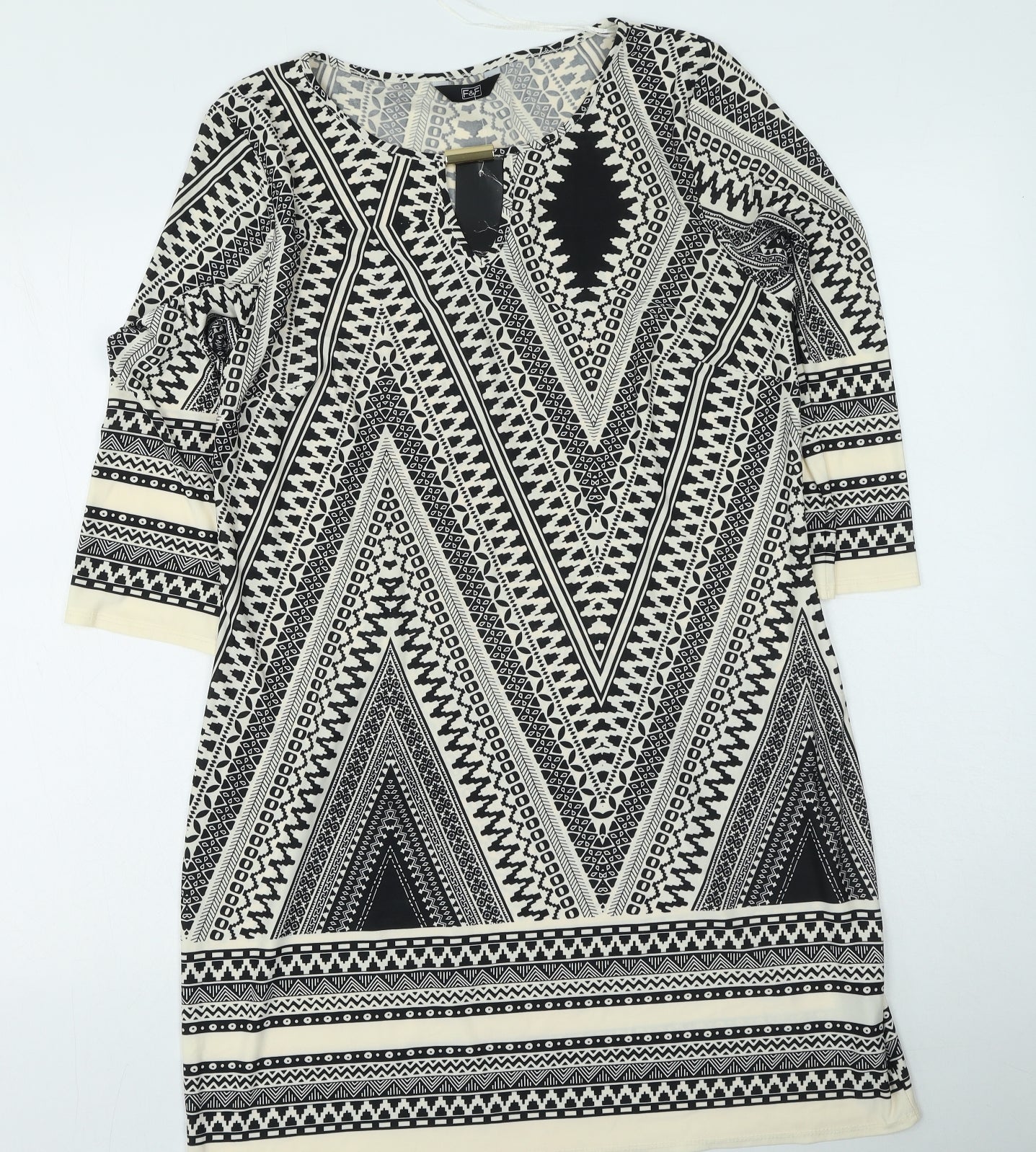 F&F Womens Ivory Geometric Polyester Shirt Dress  Size 14  Round Neck