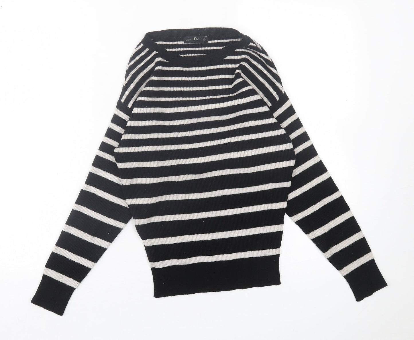 F&F Womens Black Crew Neck Striped Polyester Pullover Jumper Size 6