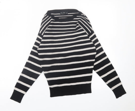 F&F Womens Black Crew Neck Striped Polyester Pullover Jumper Size 6