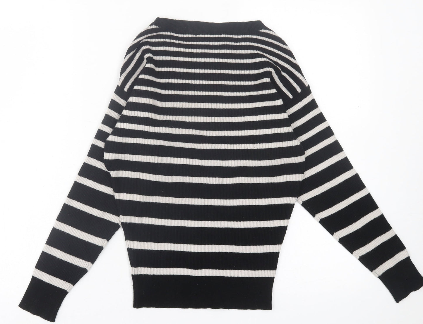 F&F Womens Black Crew Neck Striped Polyester Pullover Jumper Size 6
