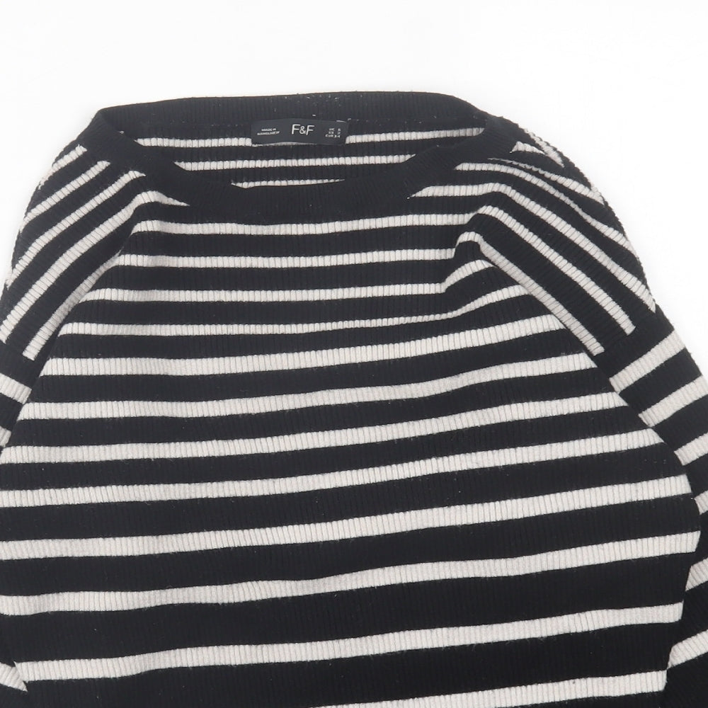 F&F Womens Black Crew Neck Striped Polyester Pullover Jumper Size 6